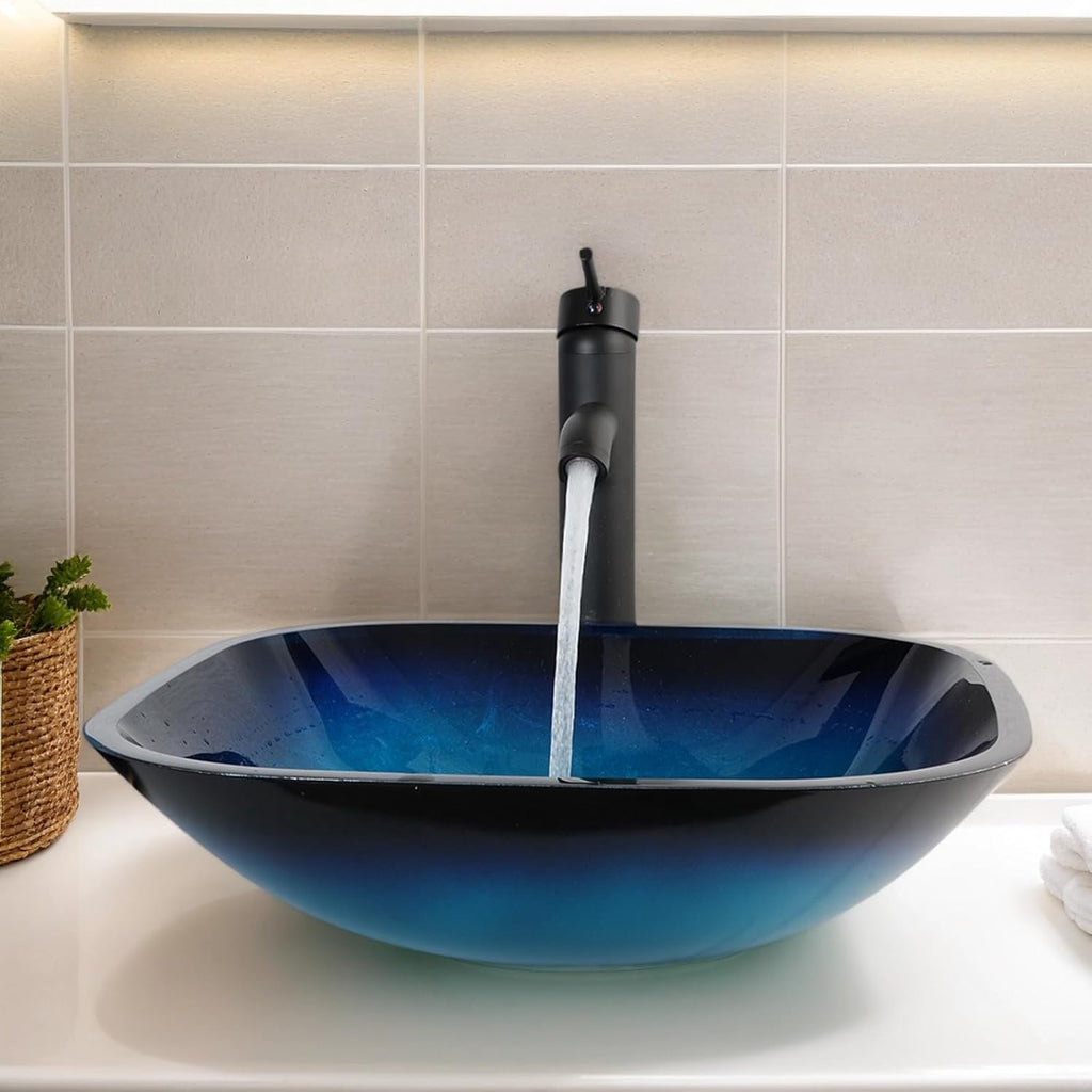 HM HomeMieco 17 Inch Square Blue Glass Vessel Sink Bathroom Bowl Sink with Faucet and Drain