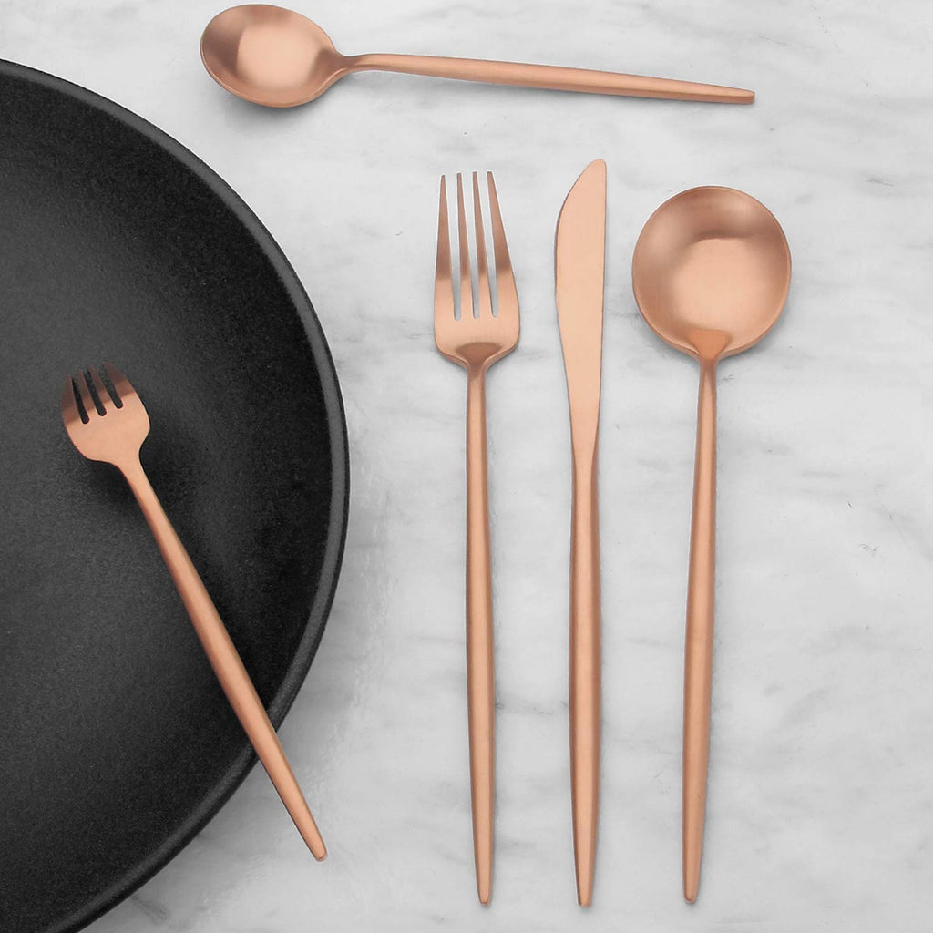 Matte Rose Gold Silverware Set, Stainless Steel Satin Finish Copper Flatware Cutlery Set for 4, 20-Piece Spoons