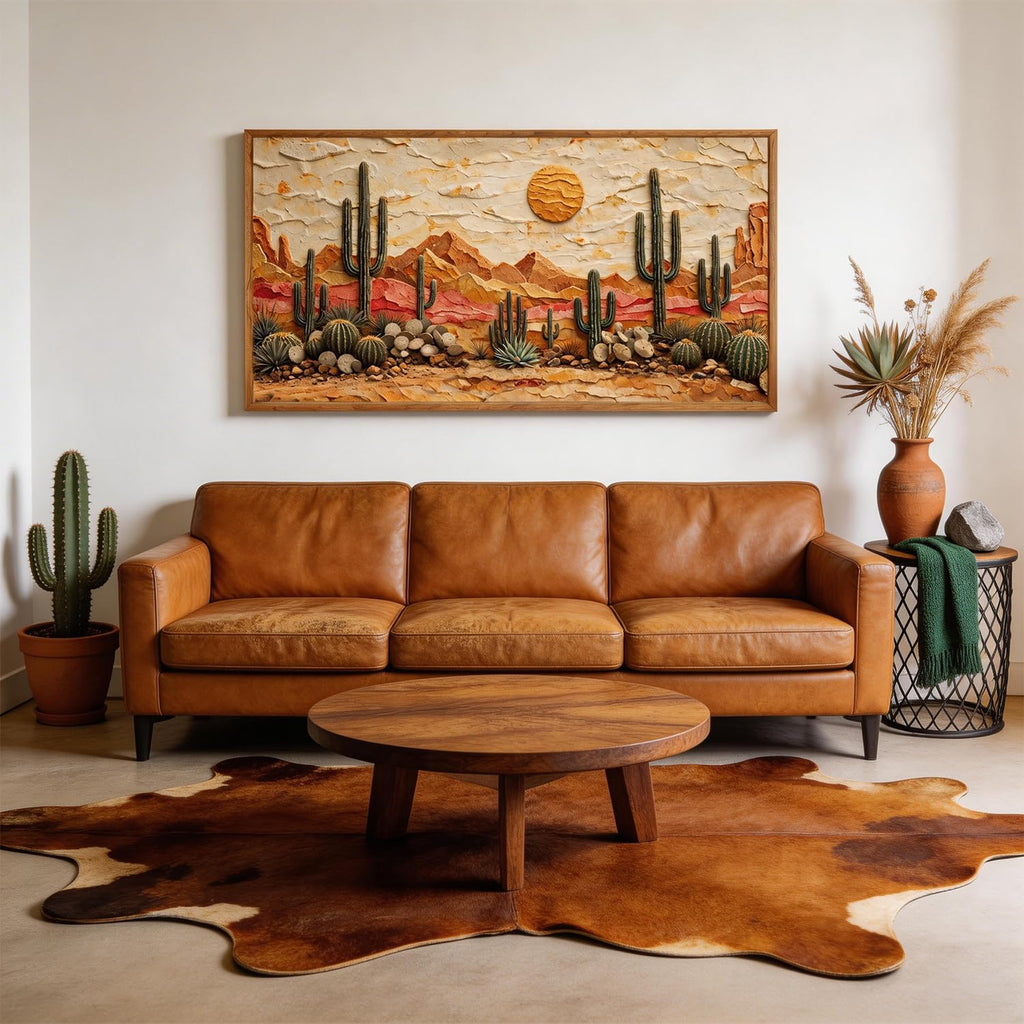 3D Textured Cactus Arizona Desert Framed Canvas Wall Art 40x20 Inch