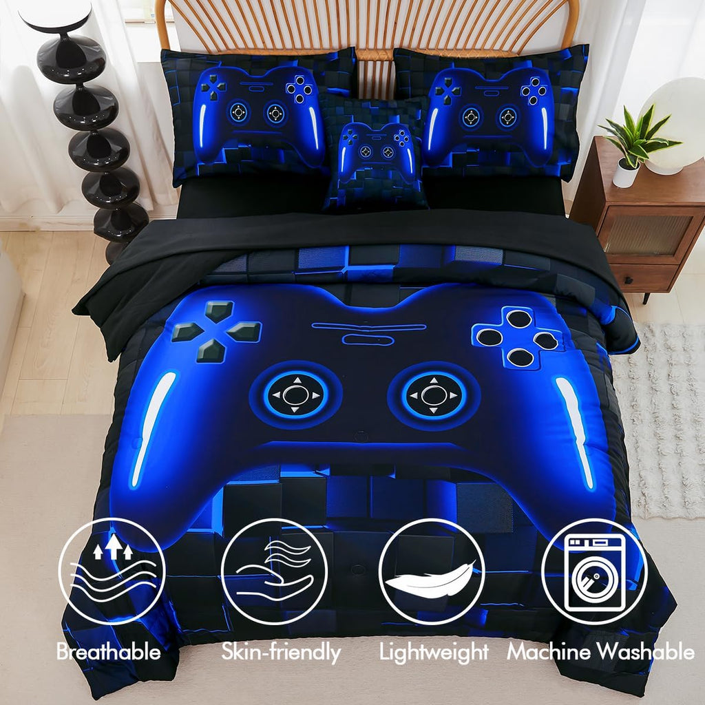 Twin Bed in A Bag 6 Pieces Gaming Bedding Set for Boys Blue Gamer Comforter with Sheet Set for Kids Teen Cool Video
