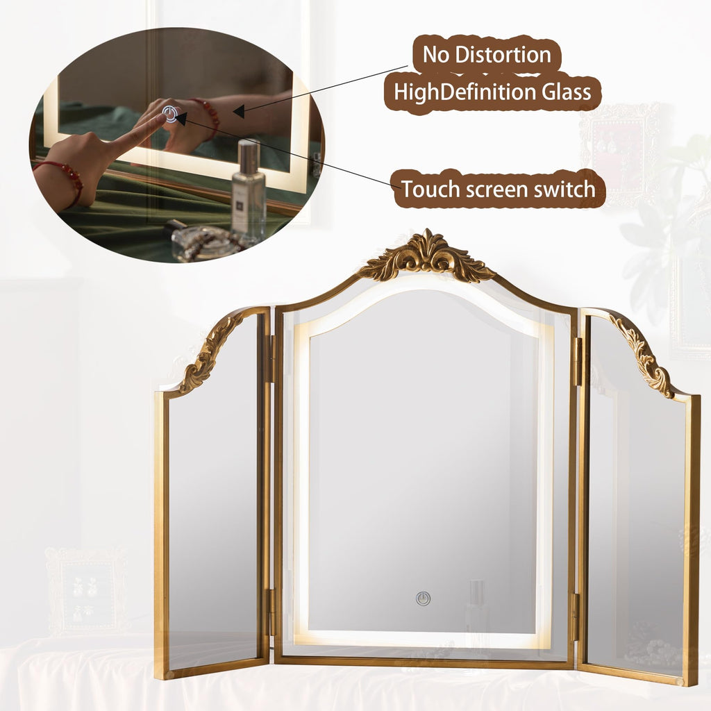 Antique Gold Triple Fold Makeup Mirror with Tri-Color LED Lighting & Dimming, Baroque Carved Arch Vintage Vanity