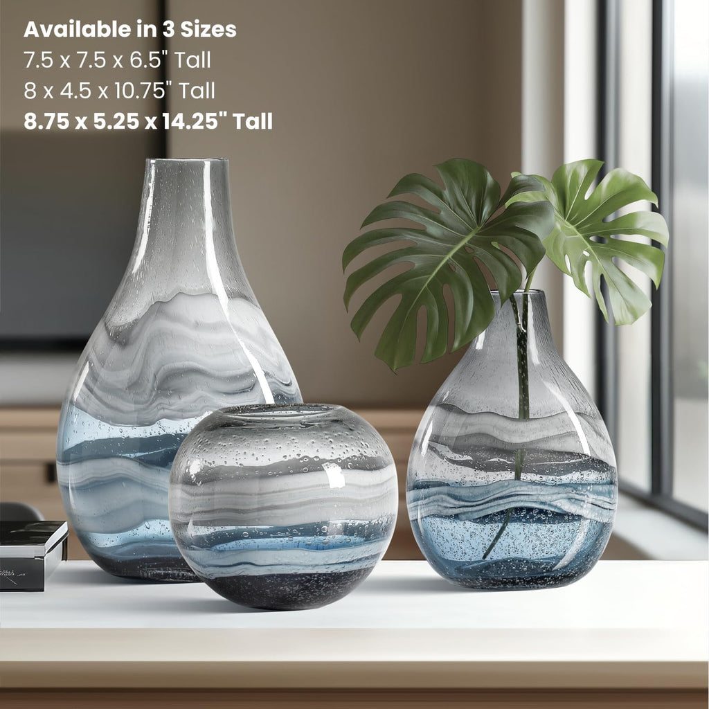 Andrea 11" Hand Blown Blue Glass Vase, Unique Coastal Swirls | Layered Blue & Gray Swirls, Narrow Opening, Watertight