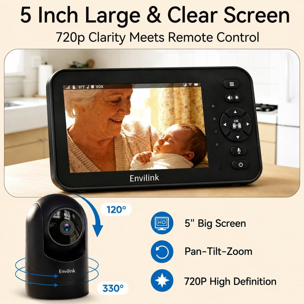 Video Baby Monitor with Camera and Audio, 5" Large Screen & Phone App, Remote 330° Pan 90° Tilt & 4X Zoom Baby