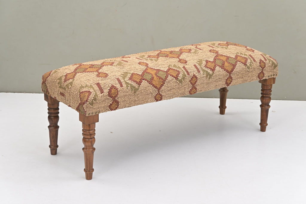 Acacia Wood Kilim Jute Fabric Upholstered Bench with Geometric Pattern | Wooden Ottoman with Turned KD Legs, End of