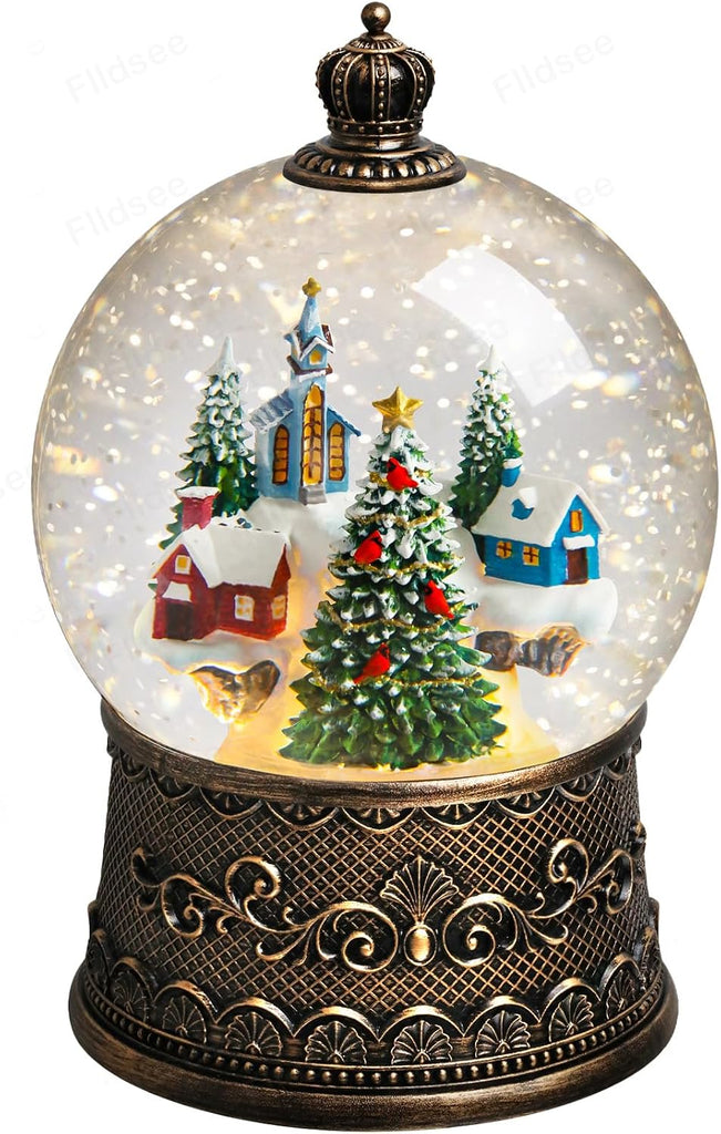 Christmas Snow Globe Lantern, Glitter Musical Snowglobe Light with Timer, USB & Battery Powered Music Box, Village
