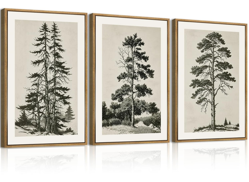 Vintage Tree Sketch Framed Canvas Wall Art 24x36 Inch Neutral Wilderness Forest Paintings Retro Botanical Wall Decor