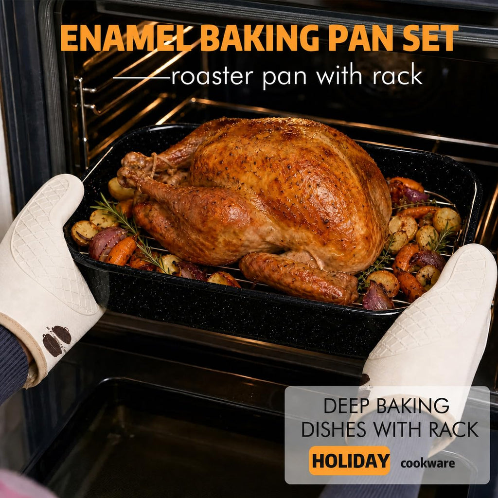 10 Piece Enamel Turkey Roasting Pan with Rack Set, Lasagna Pans