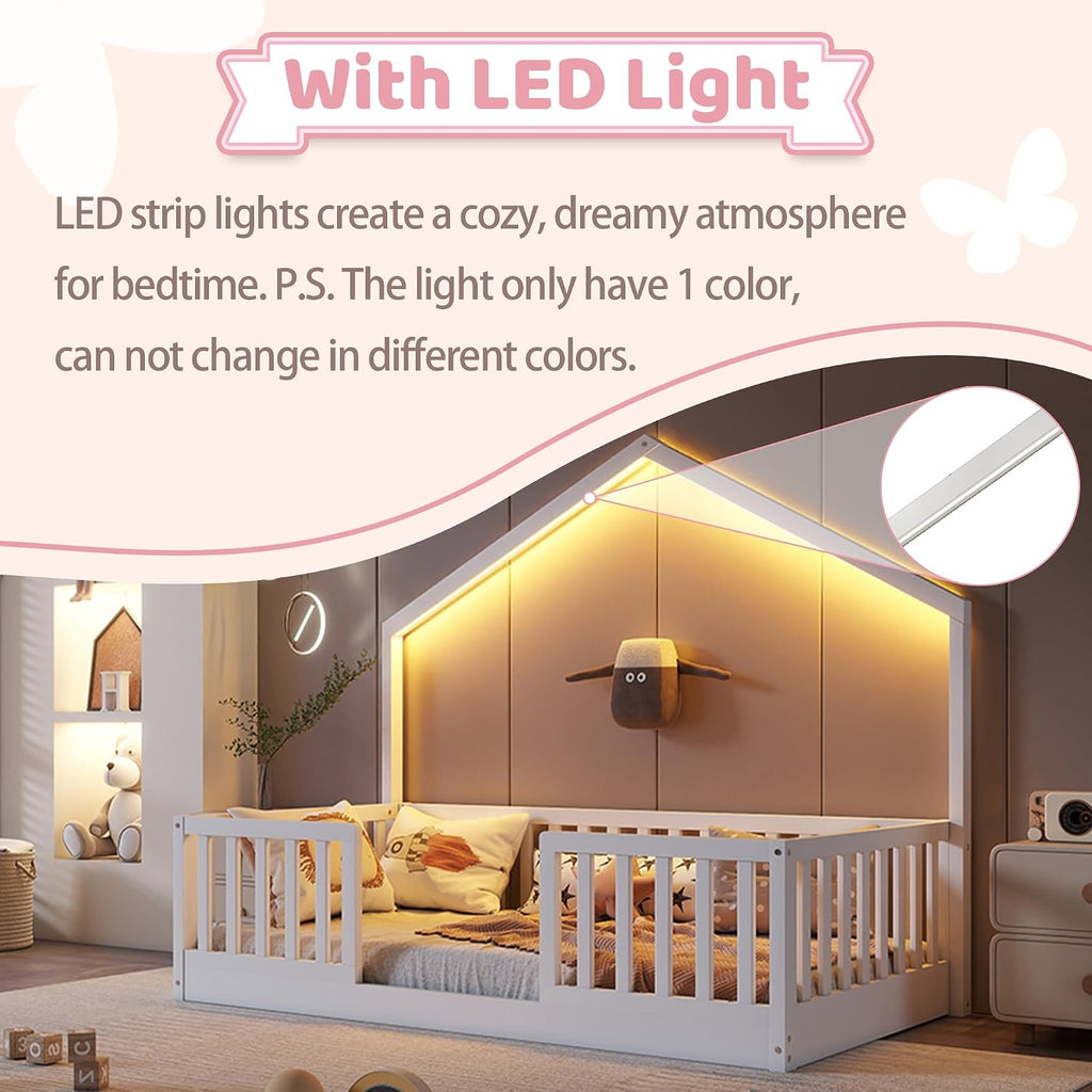 Montessori House Floor Bed with High Rails and LED Light, White