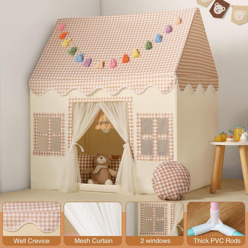 Kids Play Tent Indoor: with Brown Checkered, Mat, Rainbow Tissue Garland - Girl Tent Indoor Playhouse for Girls Kids