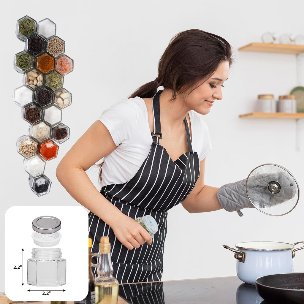 Set of 10 Magnetic Spice Jars for Refrigerator, Glass Small Hexagon Magnet Seasoning Containers with Labels, Shaker
