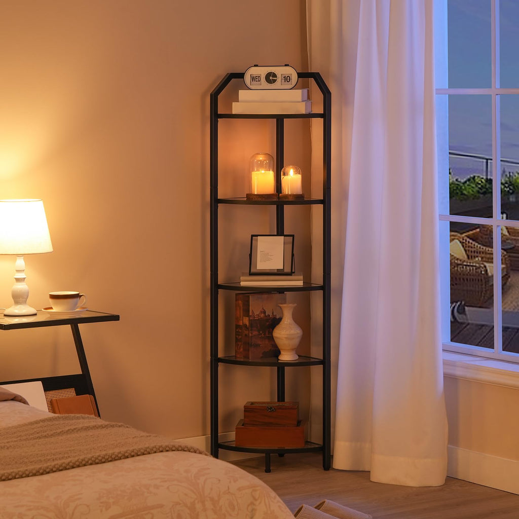 5-Tier Corner Shelf Stand, Gold Corner Bookshelf, Tempered Glass Shelves, Bathroom Organizer, Corner Plant Stand