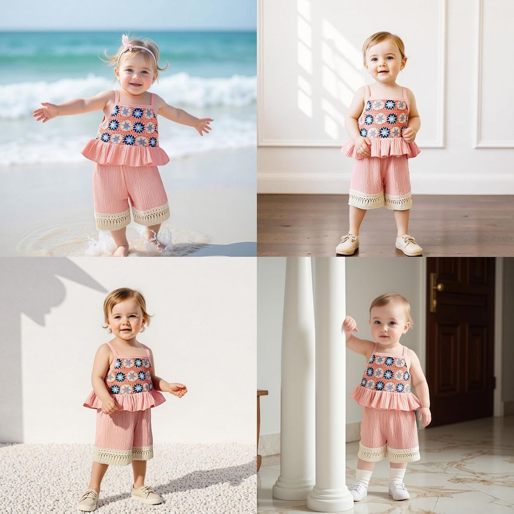 Toddler Baby Girl Crochet Outfit Floral Ruffle Camisole Tank Tops Tassels Linen Shorts Set 2Pcs Kid Boho Summer
