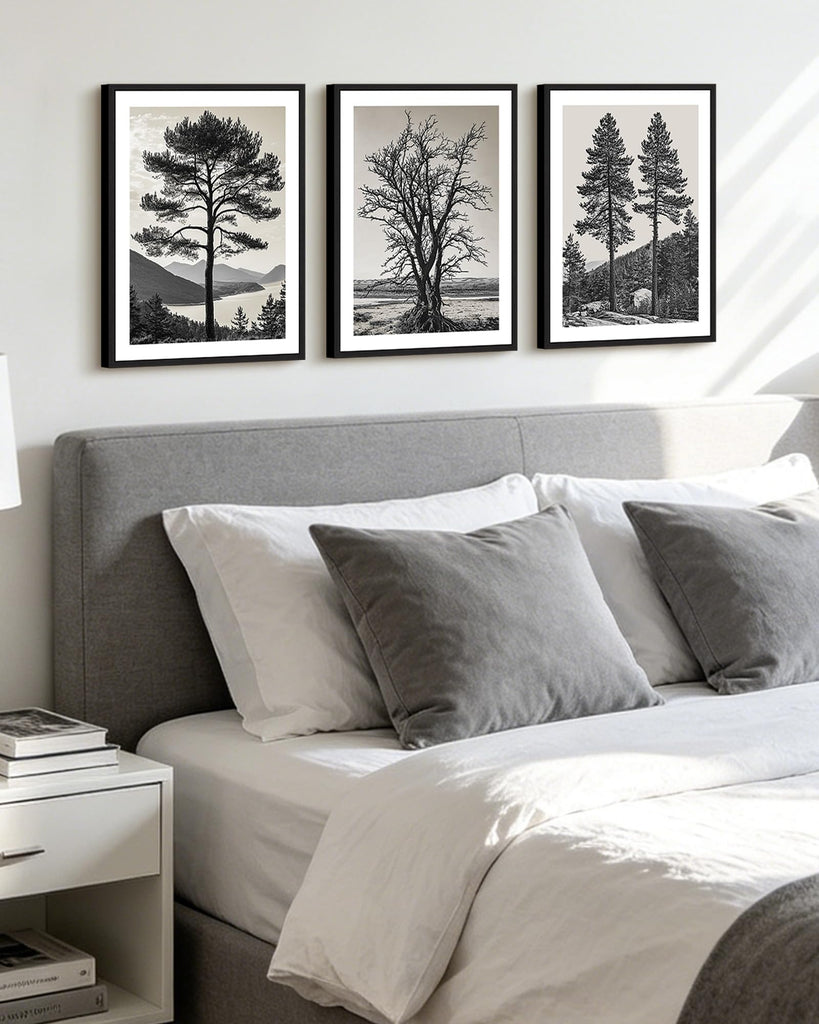 Vintage Tree Framed Wall Art Black and White Retro Antique Forest Drawings Nature Wilderness Sketch Wall Painting