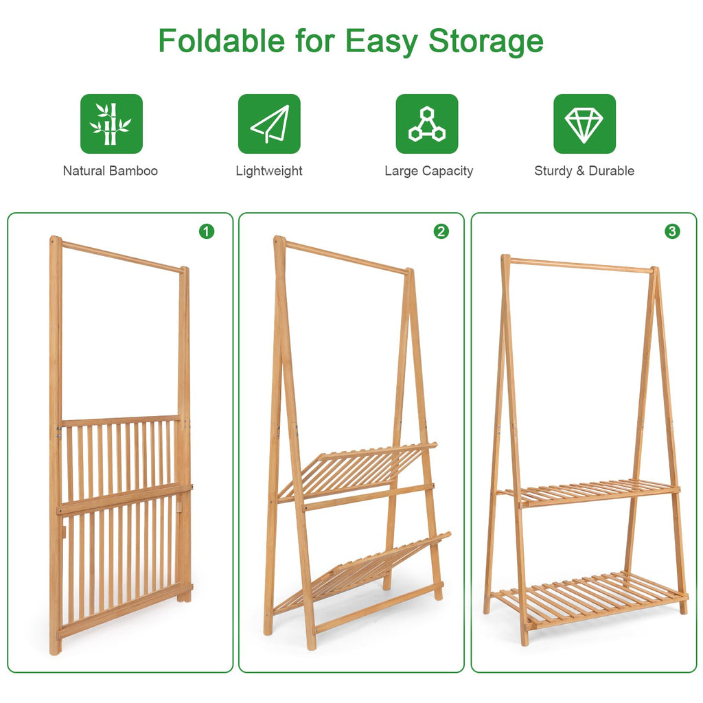 Bamboo Child Garment Rack Foldable with 2 Tier Storage Shelf