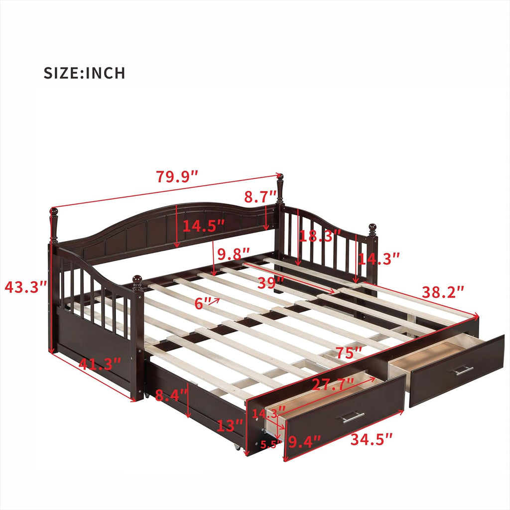Modern Wood Daybed with Pop Up Trundle Twin to King Extendable Sofa Bed Frame for Kids Teens Adults/No Box Spring