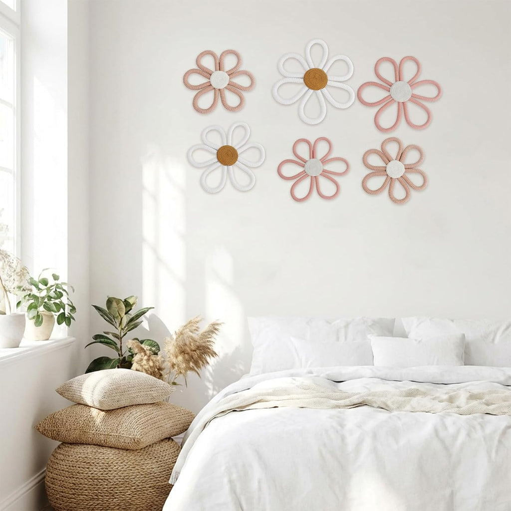 6 Pcs Boho Nursery Decor Daisy with Hooks 3 Size Daisy Flower Wall Decor Bohemian Nursery Decorations Flower Woven
