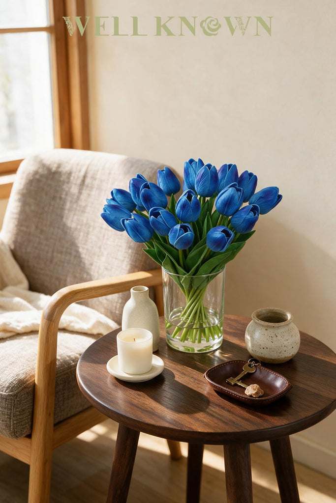 20pcs Royal Blue Fake Tulips in Vase with Faux Water