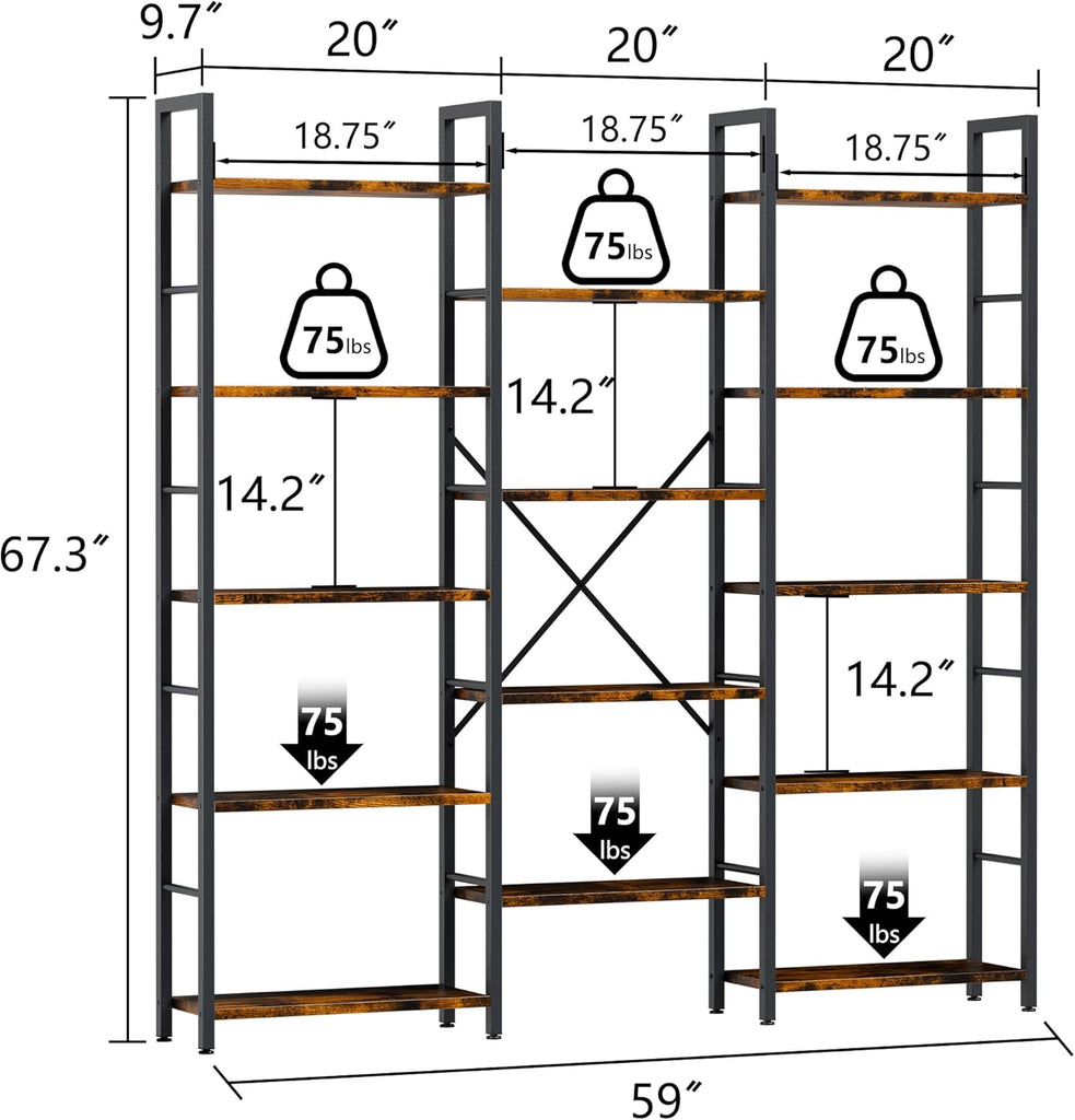 Triple 5 Tier Bookshelf, Industrial Large Bookcase with 14 Open Display Shelves