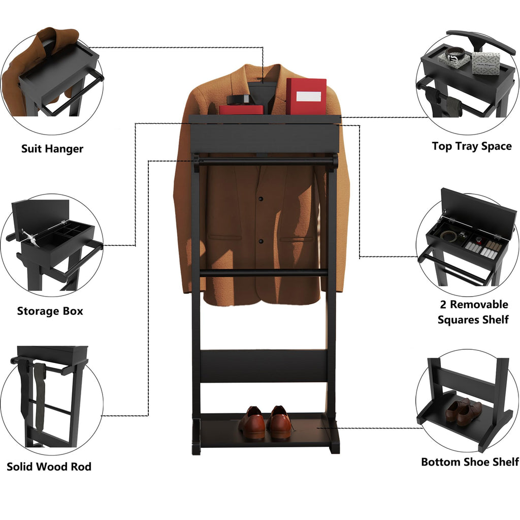Suit Valet Stand for Men, Black Wooden Mens Valet Stand with Tray