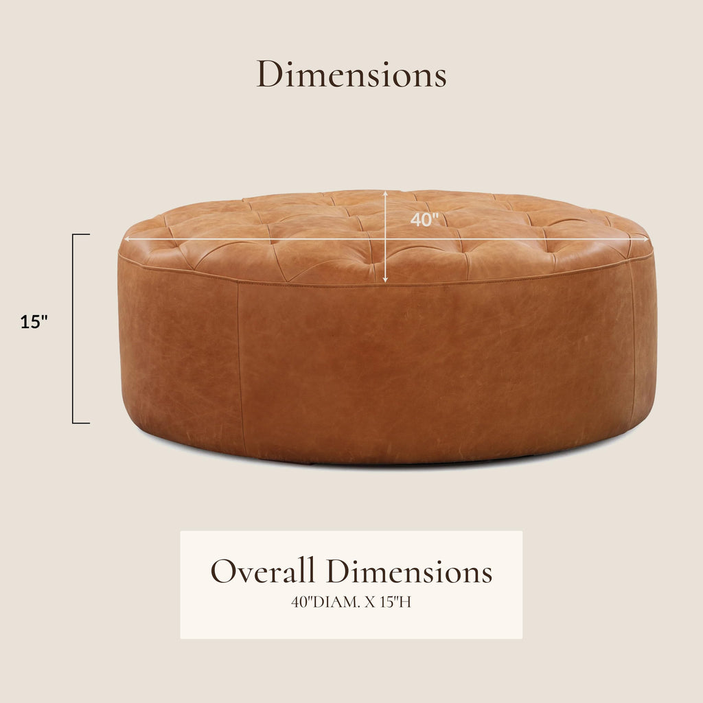 Ascot Ottoman - 40" Round Pouf with Feather-Down Topper - Full-Grain Leather Upholstered Pouf Ottoman - Vintage