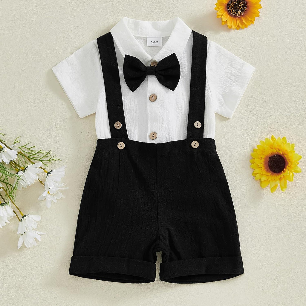 Newborn Baby Boy Gentleman Outfit Suit Short Sleeve Romper Suspender Shorts