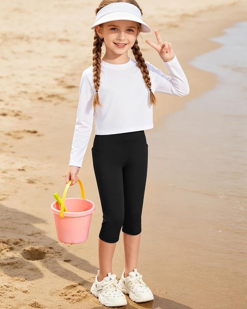 Girls Capri Pants Athletic Leggings High Waist Workout Yoga Pants with Pockets Crop Straight Trainning Pants