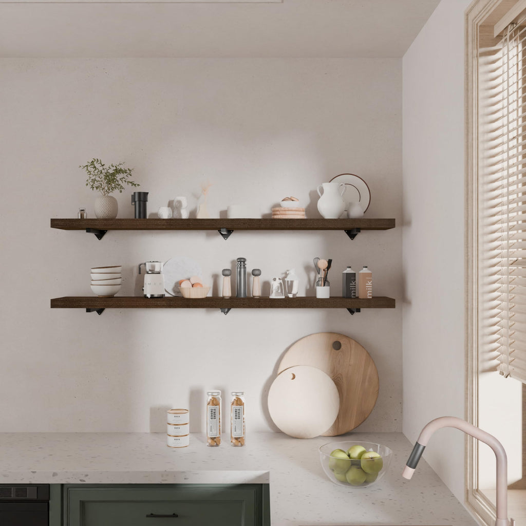 60 Inch Long Wall Shelves, Long Floating Shelf for Wall Set of 2, Walnut Large Wall Mounted Shelves with Metal