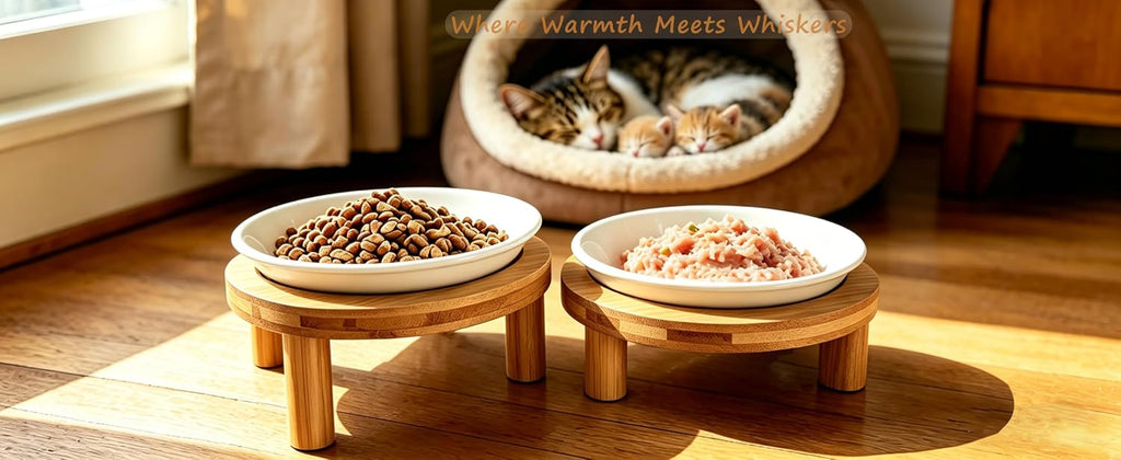 Elevated Cat Bowls Bamboo Stand, Ceramic Feeding Station for Indoor Cats