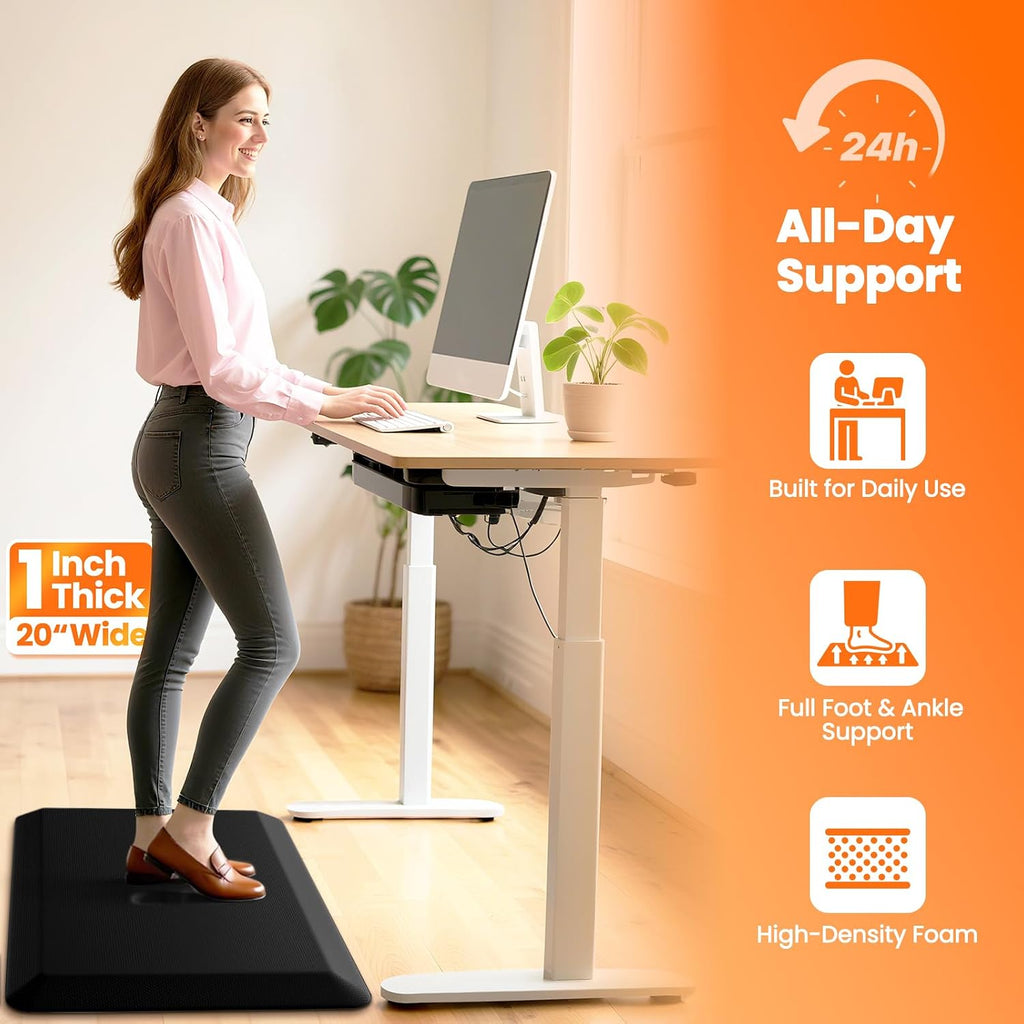 1-Inch Thick Anti-Fatigue Mat and Standing Desk, 20"x32", Black | Extra-thick cushioning, water-resistant surface