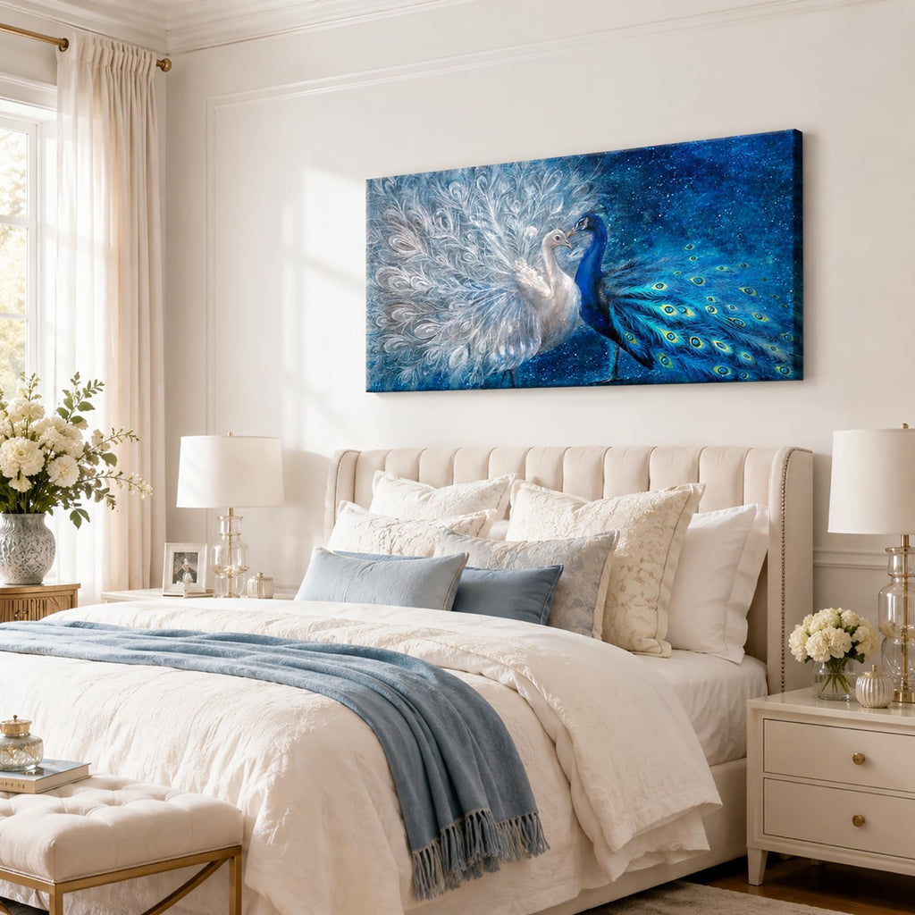Peacock Canvas Wall Art Blue and White Peacock Couple Painting Pictures Elegant Animal Artworks Romantic Kiss Artwork