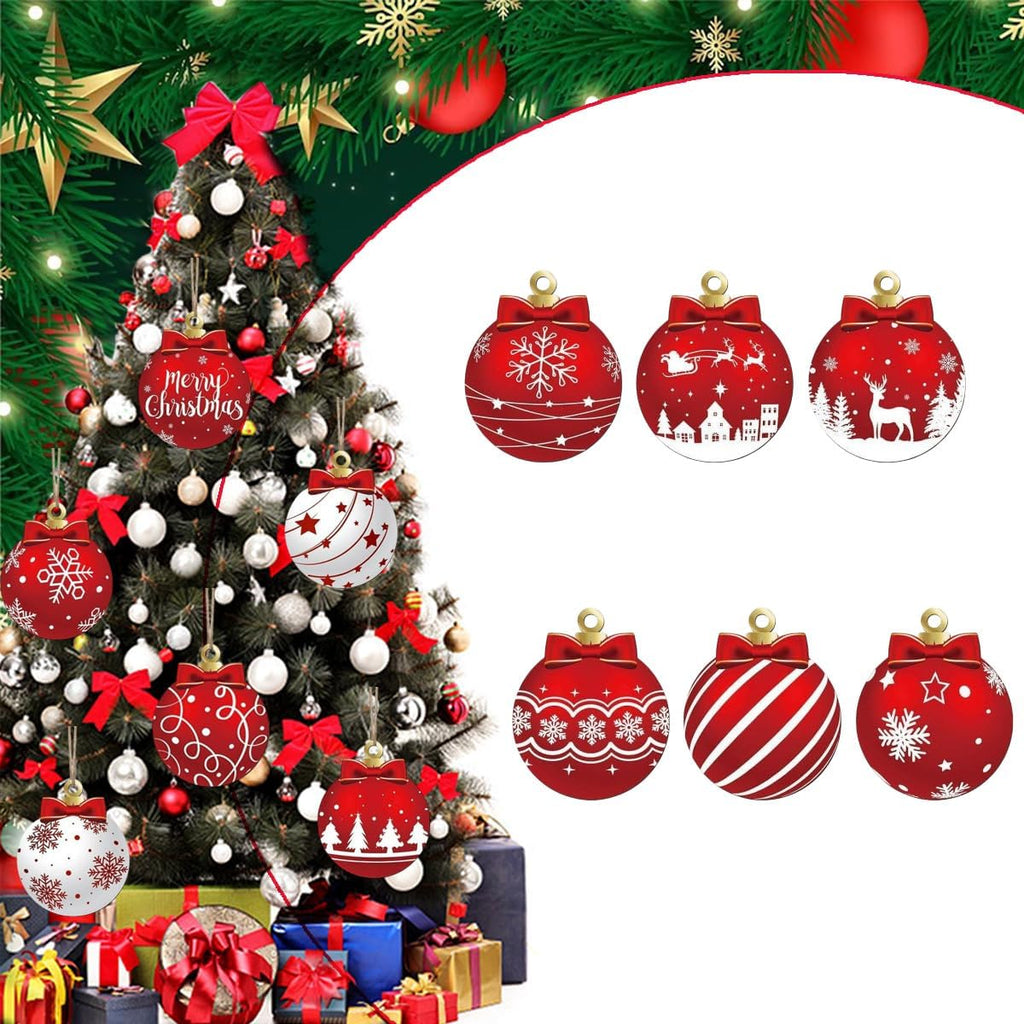Red and White Christmas Ball Design Hanging Wooden Ornaments Set - Festive Winter Holiday Tree Decorations - Set of 12