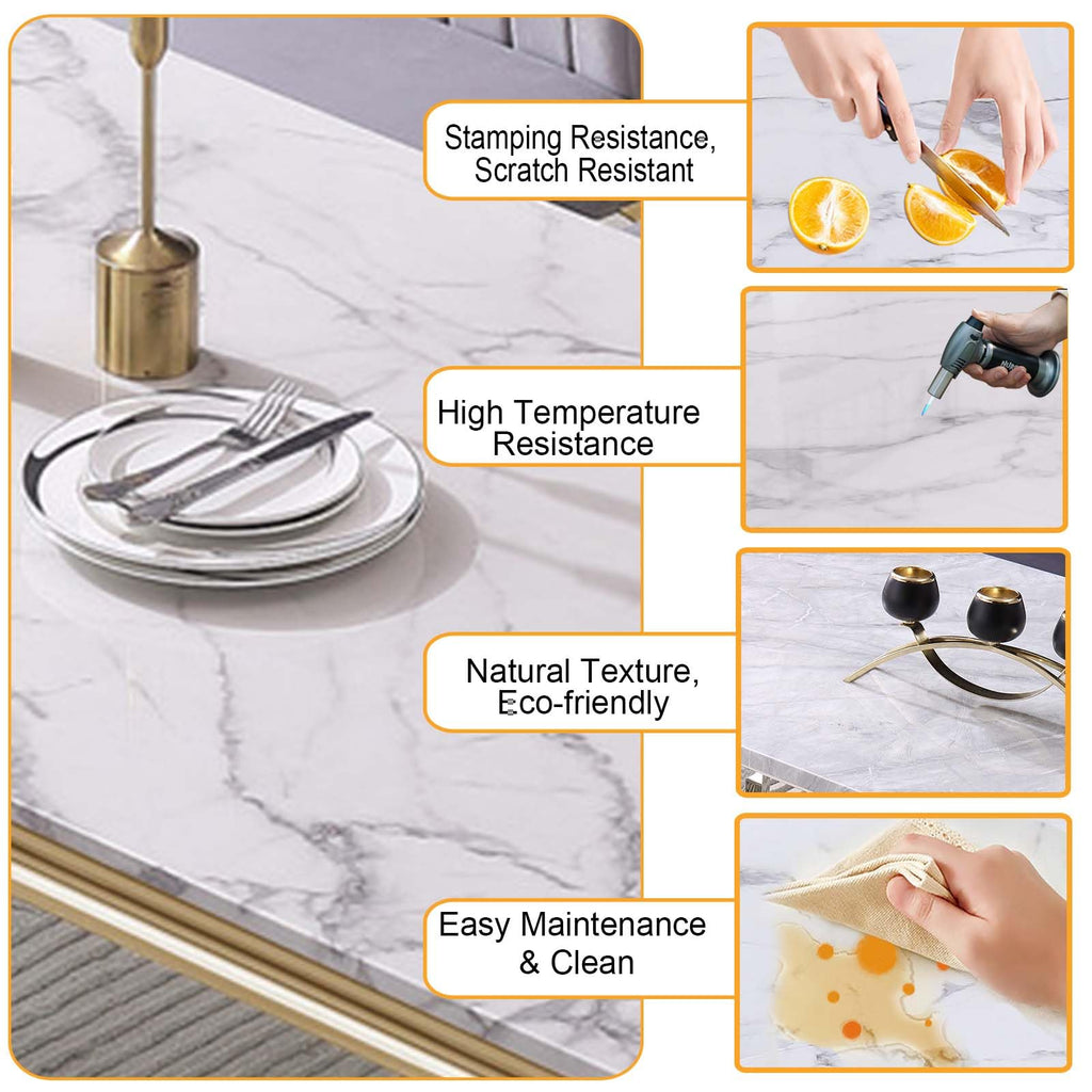 Marble Dining Table for 4 6, 68 Inch White Gold Kitchen Table with Faux Marble Top & Cabriole Stainless Steel Legs