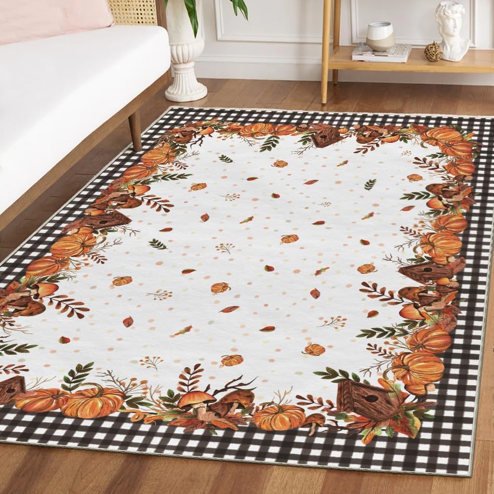 Buffalo Plaid Pumpkins Mushrooms Birdhouse Leaves Fall Area Rug, Autumn Thanksgiving Home Decor Low-Profile Washable
