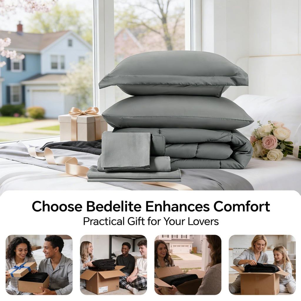 Comforter Set 7 Pieces, Solid Dark Grey Bed in A Bag
