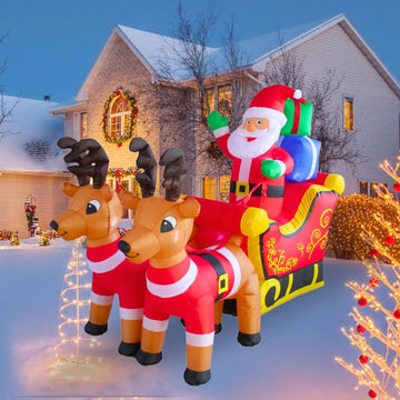 7FT Inflatable Sleigh with Santa and Reindeer Outdoor Decoration, Christmas Blow Up Yard Decorations, Built-in LED