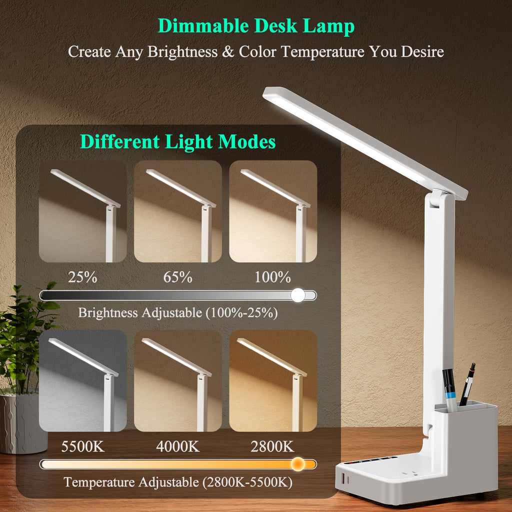 LED Desk Lamp USB A/C AC Pen Holder Dorm Home Office Desk Light White
