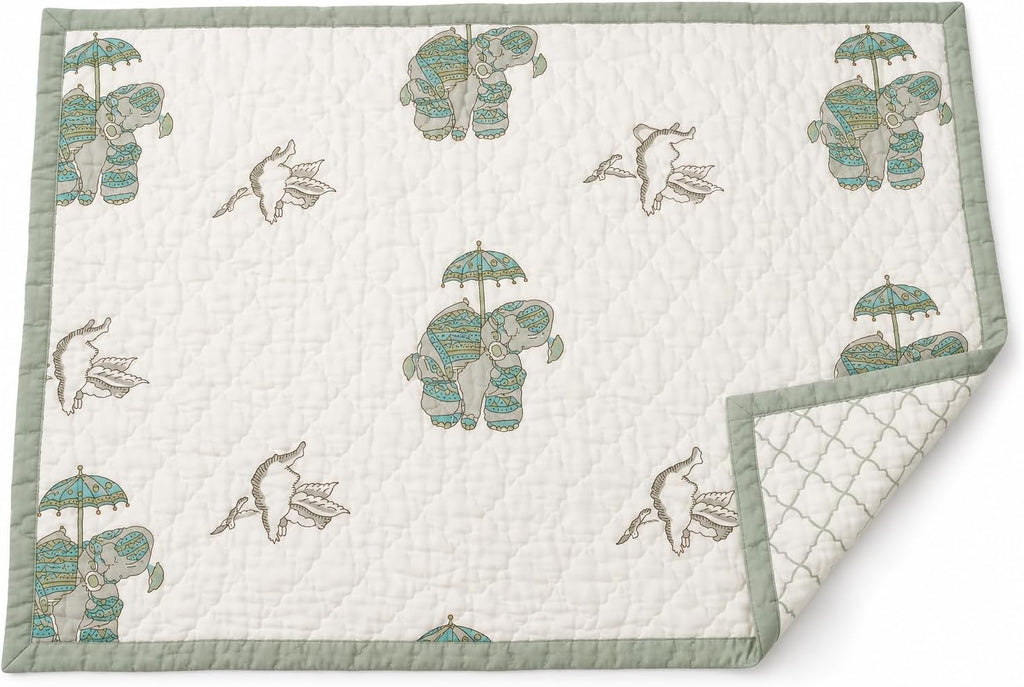 Baby Quilt Hand Block Print Cotton Reversible 40x60 (Green)