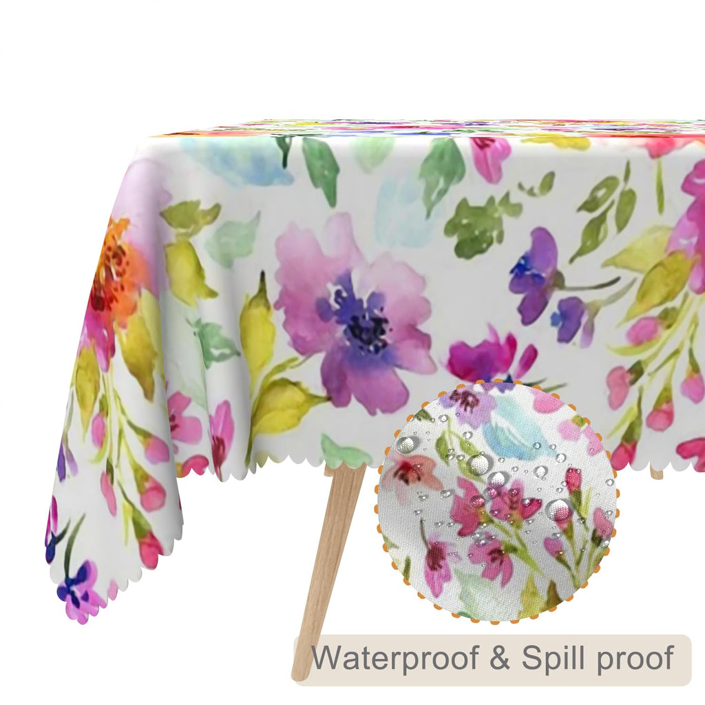 60x102inches Spring Floral Rectangle Tablecloth Colorful Watercolor Flowers with Leaves Printed Table Clothes Cover