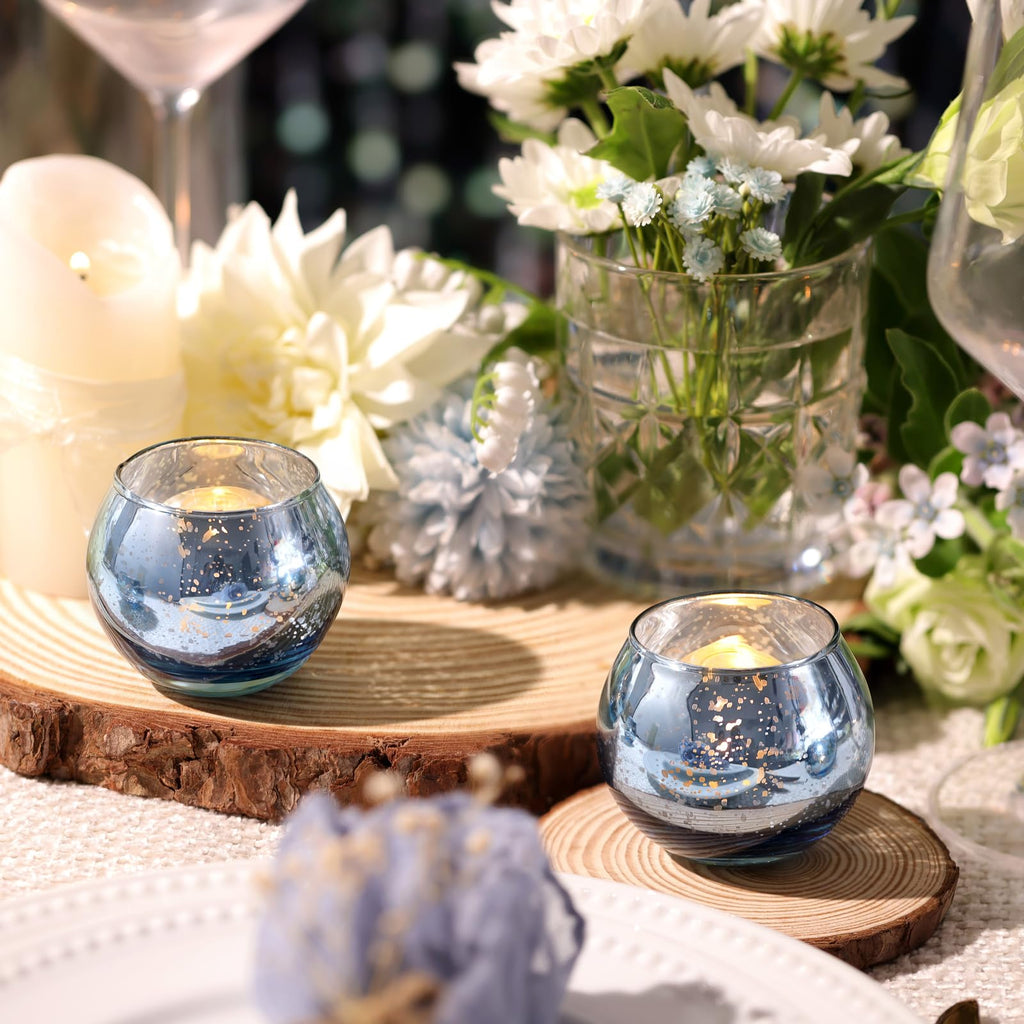 Round Blue Votive Candle Holder Set of 12, Mercury Glass Votives