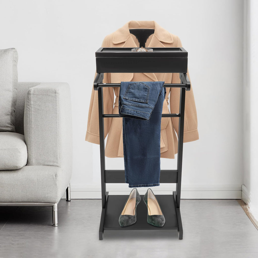 Wood Suit Valet Stand for Men, Clothes Organizer with Drawer, Accessory Tray, and Trouser Bar, Freestanding Suit