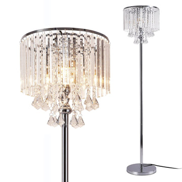 Modern Elegance Crystal Floor Lamp, On/Off Foot Switch, Crystal & Glass 3-Lights Standing Light, Reading Corner Lamp