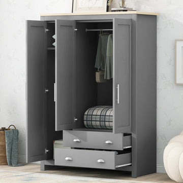 3 Doors Armoire Wardrobe Closet with 2 Drawers, 67.9" H Wooden Closet Wardrobe Cabinet with 2 Hanging Rods and