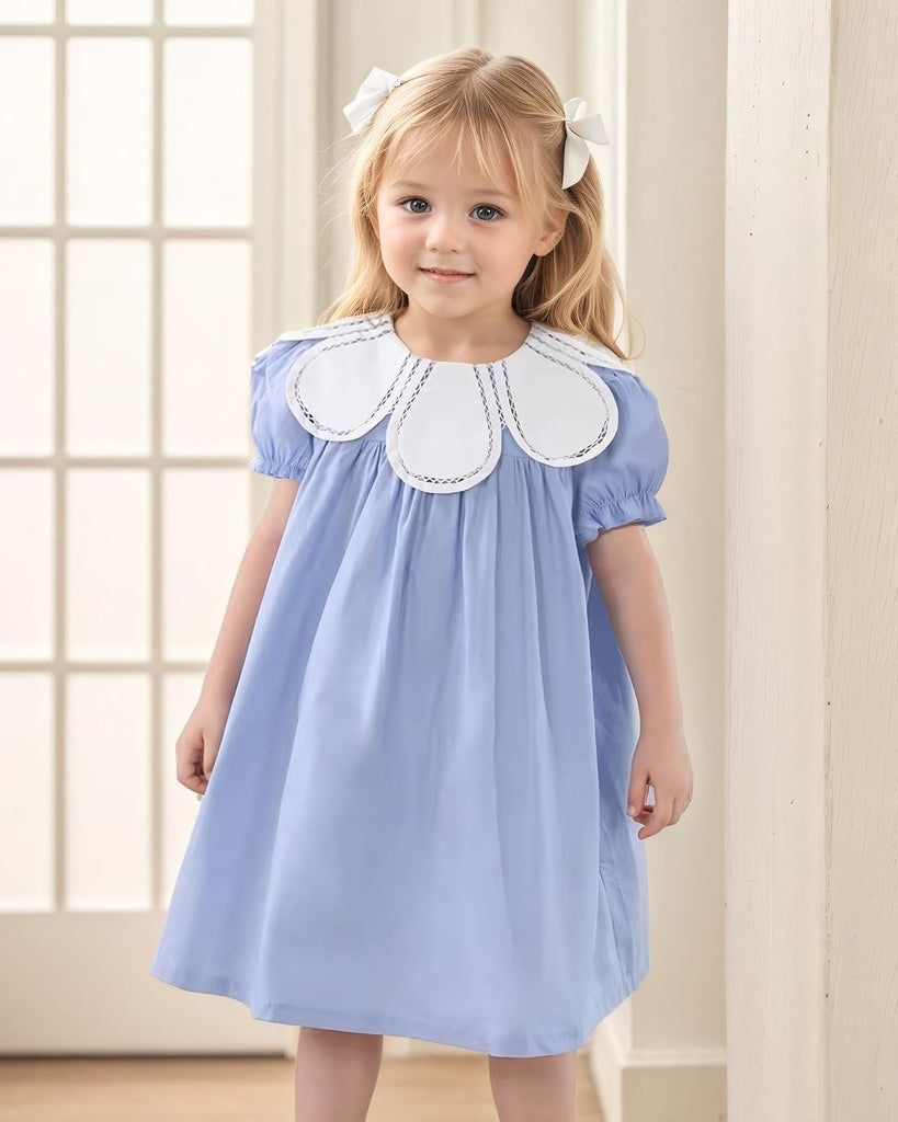 Toddler Baby Girls Casual Cotton Dress with Smocked Flower Collar Kids Vintage Dresses with Shortsleeves for Holiday