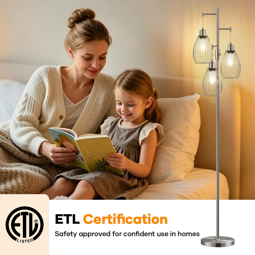 Dimmable Floor Lamp, 3 x 800LM LED Edison Bulbs Included, Industrial Floor Lamp Standing Tree Lamp with Elegant
