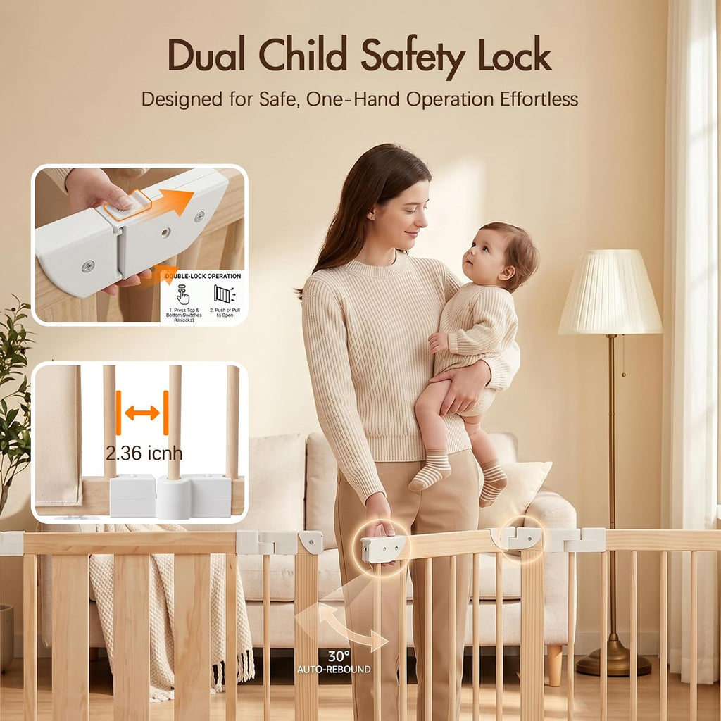 Adjustable 10-Panel Wooden Baby Playpen, 82x55x24 in | Natural Wood Play Pen, Foldable Design with Child Safety Lock