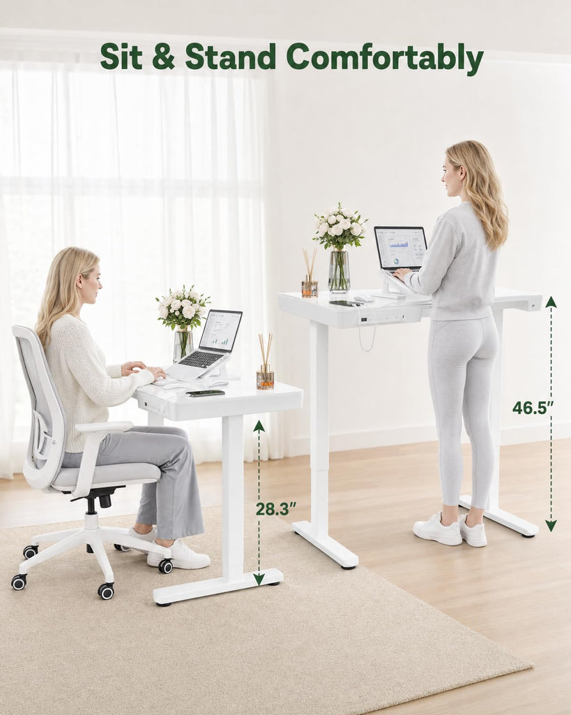 Glass Standing Desk, 35 Inch Small Sit Stand Desk, Pure White