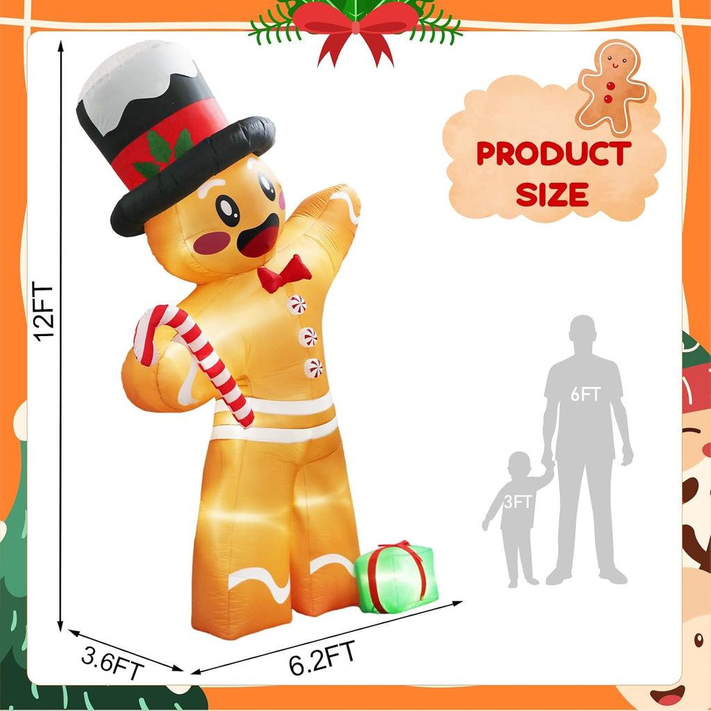 12FT Christmas Inflatable Gingerbread Man, Xmas Blow Up Yard Decorations