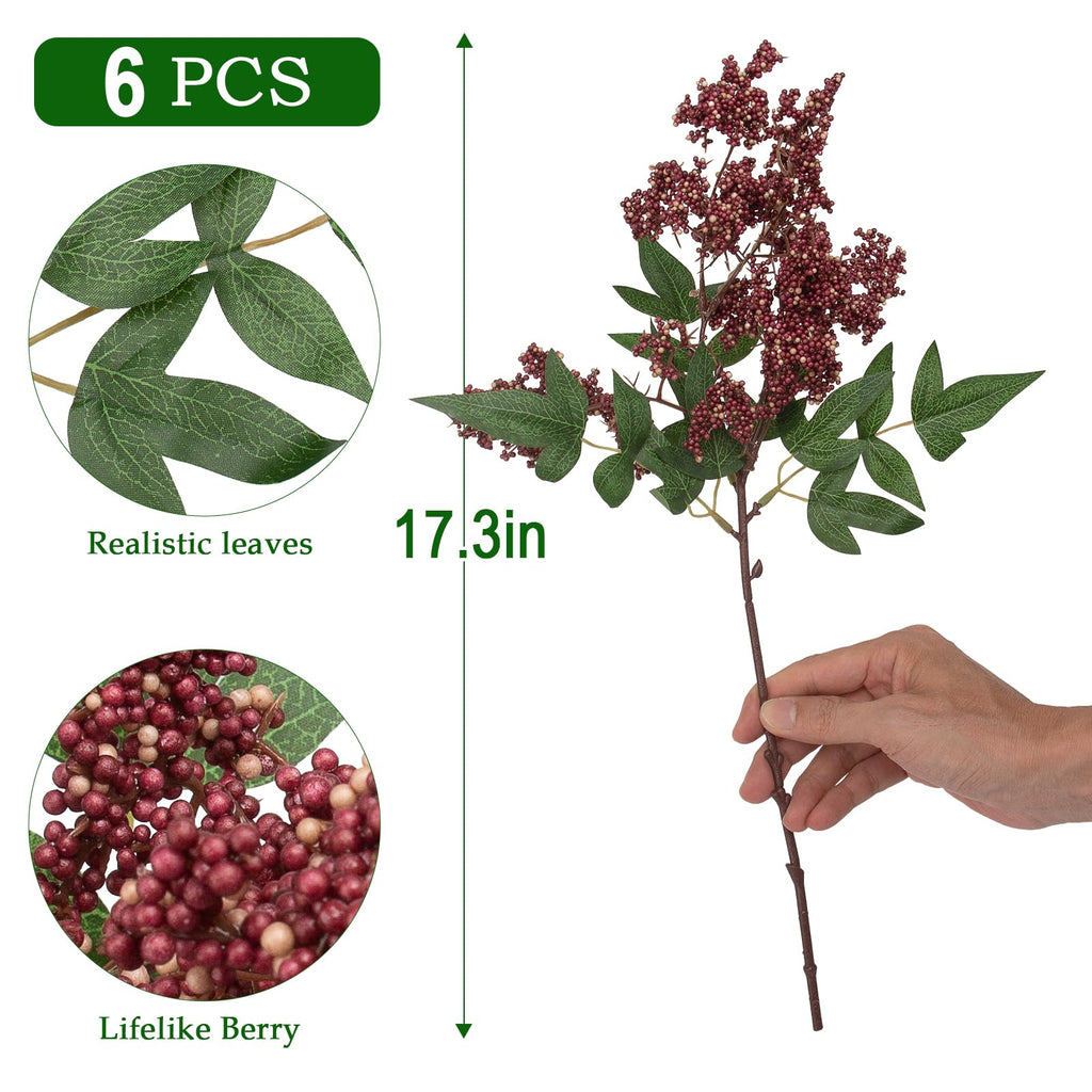 6 Pcs Artificial Berry Stem for Vase, 17 in Faux Nandina Branches Fall Floral Picks Fake Realistic Berry Spray for