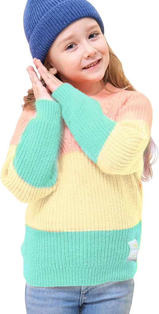 Girls' Sweaters Color Block Pullover Jumper Knit Long Sleeve Rainbow Sweaters Kids Crewneck Casual Jumper