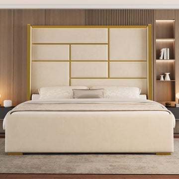 King Size Bed Frame with Gold Trim Headboard, 66.9" Tall Bed, Beige